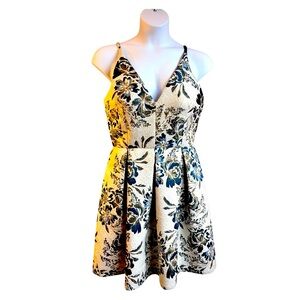 Xscape Cream Floral Midi Dress with Navy and Black Accents